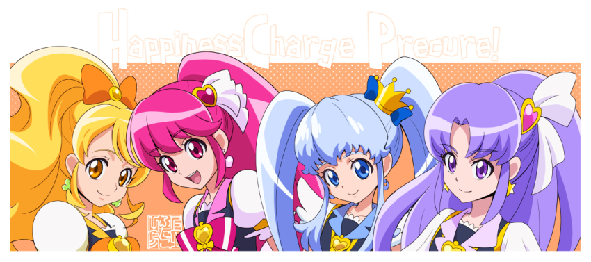 4girls :d aino_megumi artist_logo blonde_hair blue_eyes blue_hair bow clover_earrings commentary_request copyright_name crown cure_fortune cure_honey cure_lovely cure_princess earrings eyelashes gold_crown hair_bow hair_ornament happinesscharge_precure! happy heart heart_earrings high_ponytail hikawa_iona jewelry kamikita_futago light_blue_hair logo long_hair looking_at_viewer magical_girl multiple_girls oomori_yuuko open_mouth orange_bow pink_eyes pink_hair ponytail precure puffy_short_sleeves puffy_sleeves purple_eyes purple_hair shirayuki_hime short_sleeves smile star_(symbol) star_earrings twintails vest yellow_eyes