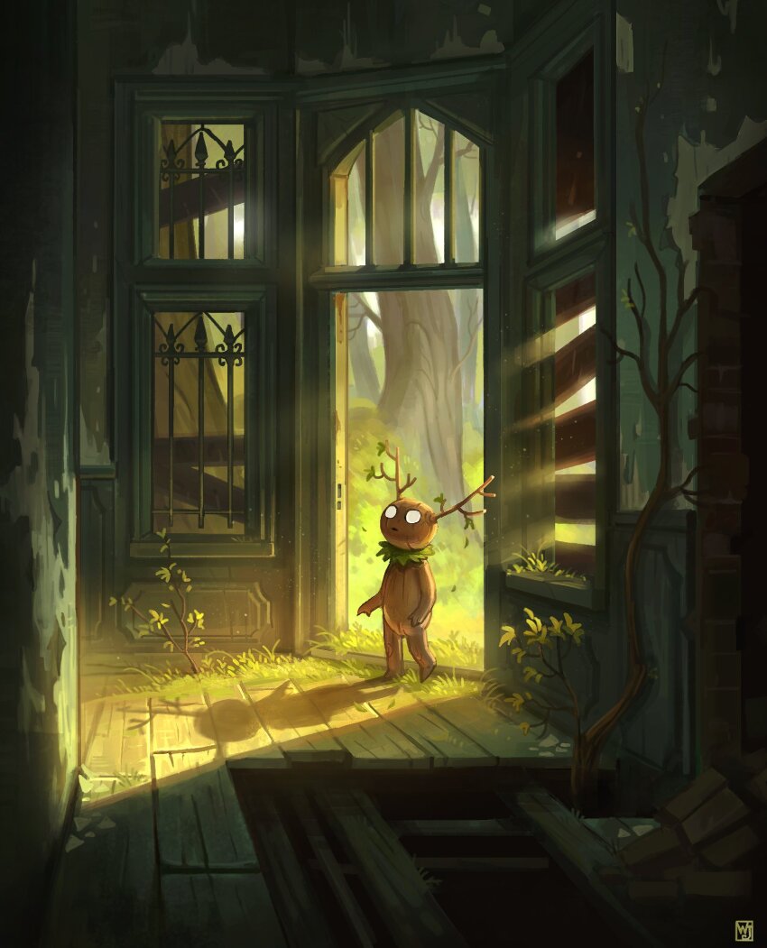 artist_logo boarded_windows commentary creature creature_focus day english_commentary forest highres indoors light_particles light_rays logo nature no_humans open_door original plank plant_roots ruins shadow sunlight waltjan