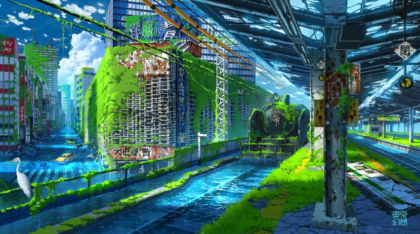 animal artist_name billboard building car chain-link_fence chuuou_(tokyo) city crane_(machine) crosswalk fence flood ginza_(tokyo) highres intersection locomotive moss motor_vehicle no_humans original outdoors overgrown photoshop_(medium) post-apocalypse railroad_tracks real_world_location revision ruins scenery sidewalk sign steam_locomotive tactile_paving taxi tokyo_(city) tokyogenso train train_station translation_request water wreckage