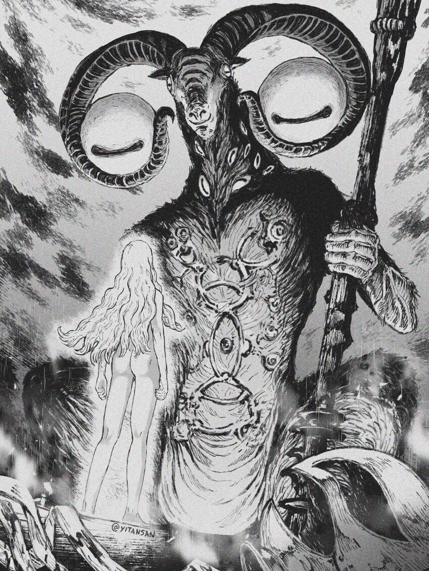 2boys androgynous balance_scale barefoot berserk body_piercings crossover disembodied_eye elden_ring elden_ring_nightreign extra_eyes facing_viewer from_behind goat_horns goat_legs griffith_(berserk) helmet highres horns libra_(elden_ring) long_hair mage_staff multiple_boys nude signature unworn_headwear very_big_eyes weighing_scale yitansan