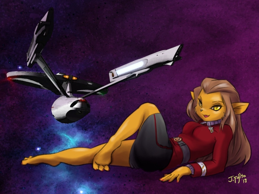 1girl brown_eyes brown_hair cat female_focus furry furry_female j-fujita m&#039;ress open_mouth signature solo space star_trek star_trek:_the_animated_series uss_enterprise_(star_trek)