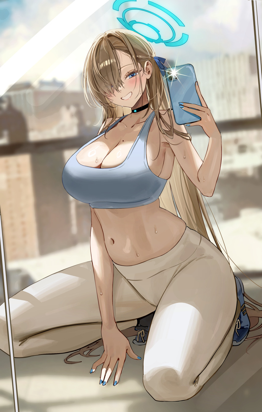 1girl absurdres alternate_costume asuna_(blue_archive) asymmetrical_bangs black_choker blonde_hair blue_archive blue_eyes blue_shoes blue_sports_bra blush breasts cellphone choker cleavage collarbone fingernails hair_over_one_eye halo highres holding holding_phone large_breasts leggings long_hair looking_at_viewer mirror mole mole_on_breast nail_polish navel one_eye_covered phone pibag reflection selfie shoes smile sneakers solo sports_bra squatting stomach straight_hair sweat very_long_hair white_leggings workout_clothes