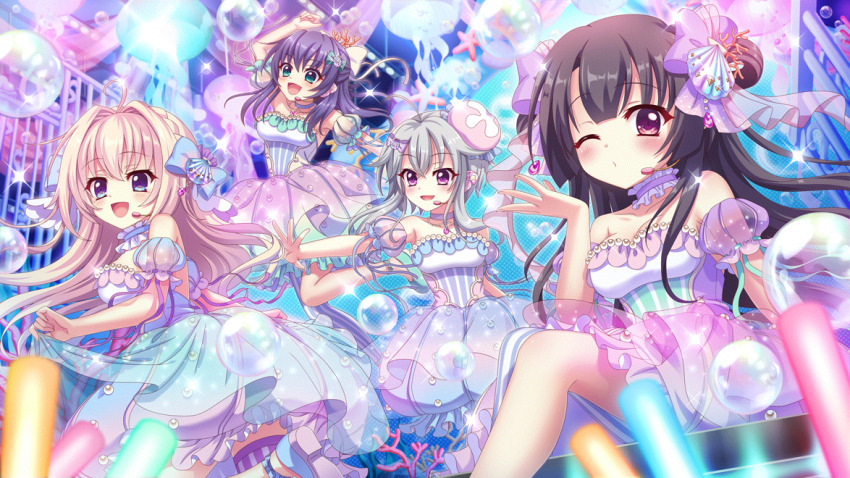 4girls :d ahoge arm_up asymmetrical_legwear bare_shoulders black_hair blonde_hair blowing_kiss blue_bow blue_choker blue_eyes blue_footwear blue_hair blush bow braid breasts bubble choker cleavage collarbone concert coral_hair_ornament crown_braid dancing dot_nose dress film_grain game_cg glowstick grey_hair hair_bow hair_intakes hat headset honjou_kasumi ichijou_ruka ichikishima_mizuha izumi_tsubasu jellyfish large_breasts lens_flare long_hair looking_at_viewer matching_outfits medium_breasts mole mole_under_each_eye mole_under_eye multiple_girls multiple_moles neck_garter non-web_source official_art open_mouth outstretched_arm pink_hat purple_bow purple_choker purple_eyes re:stage! see-through_clothes see-through_bow see-through_sleeves shell_hair_ornament shiratori_amaha_(re:stage!) shoes short_hair_with_long_locks sitting smile sparkle stage standing standing_on_one_leg starfish strapless strapless_dress tilted_headwear two_side_up vertical-striped_leggings white_bow white_dress