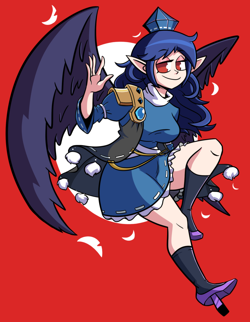 arm_up black_socks black_wings blue_dress blue_hair coat dress feathers full_body gem geta hat highres iizunamaru_megumu kevin_arthur kneehighs leg_up light_smile long_hair pointy_ears pom_pom_(clothes) purple_sandals red_background red_eyes ribbon_trim sandals shoulder_guard sleeveless sleeveless_coat socks tengu tengu-geta tokin_hat touhou wings