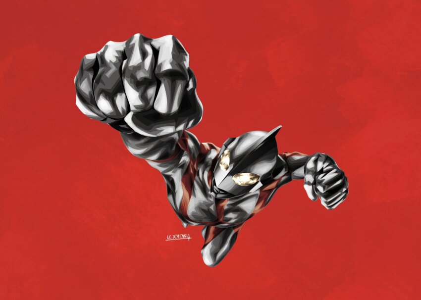 1boy alien arm_up artist_name clenched_hands commentary compound_eyes dorsal_fin flying foreshortening from_above glowing glowing_eyes gun_gun_cut hashtag-only_commentary henshin highres knee_up looking_up male_focus no_humans outstretched_arm raised_fist reaching reaching_towards_viewer red_background shin_ultraman signature simple_background solo tokusatsu ultra_series ultraman ultraman_(shin) ultrataku yellow_eyes