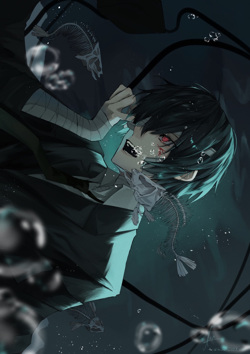 1boy bandage_over_one_eye bandaged_arm bandaged_neck bandages black_hair black_jacket black_necktie blood blood_on_face bungou_stray_dogs collared_shirt dazai_osamu_(bungou_stray_dogs) fish_skeleton hand_up highres jacket lie_nnn male_focus necktie open_mouth red_eyes shirt short_hair sideways smile solo underwater upper_body white_shirt