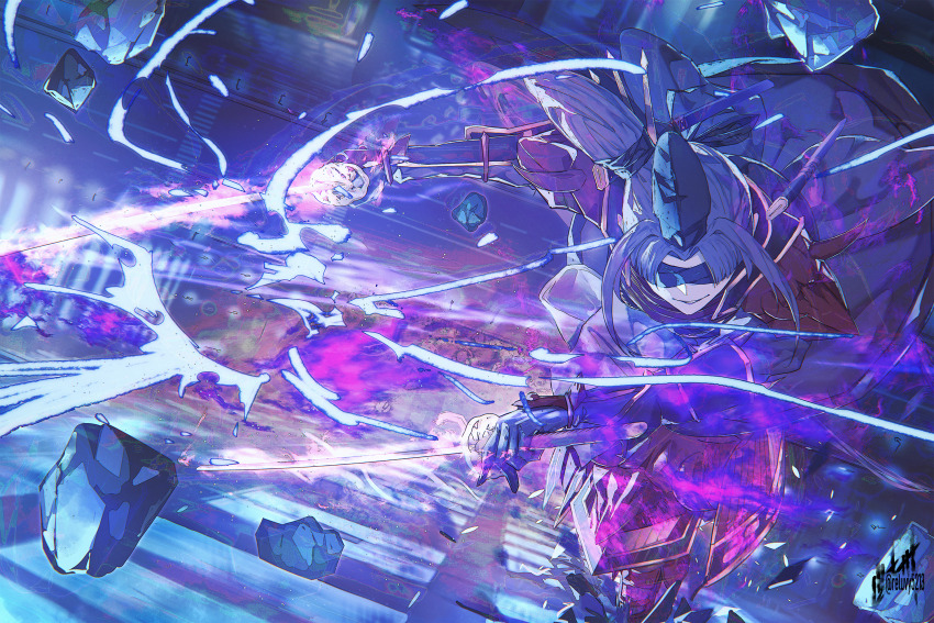 1girl armor black_hair blindfold dual_wielding fate/grand_order fate_(series) gloves hair_bun hat highres holding japanese_armor katana long_hair mask_on_shoulder purple_lips reluvy side_ponytail smile solo sword taira_no_kagekiyo_(fate) taira_no_kagekiyo_(second_ascension)_(fate) tate_eboshi ushiwakamaru_(fate) weapon