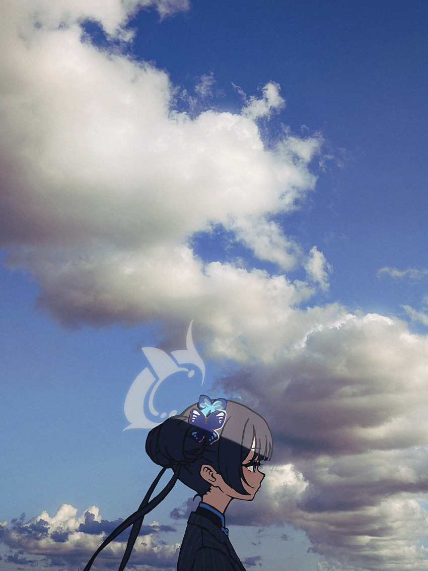 1girl arms_at_sides black_eyes black_hair black_jacket blue_archive blue_butterfly blue_sky blunt_bangs bug butterfly butterfly_hair_ornament closed_mouth cloud cloudy_sky day double_bun expressionless from_side hair_bun hair_ornament halo highres insect jacket kisaki_(blue_archive) long_hair looking_ahead nkymyura outdoors photo_background pinstripe_jacket pinstripe_pattern profile sidelocks sky solo twintails upper_body wide_shot