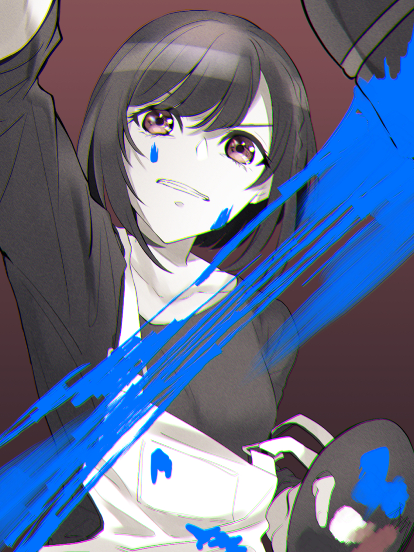 1girl blunt_bangs bob_cut braid buckle clenched_teeth collarbone commentary_request cowboy_shot determined eyelashes gradient_background highres holding holding_paint_palette long_sleeves looking_at_viewer maonokiuro outstretched_arm overalls overalls_partially_removed paint_on_clothes paint_palette paint_splatter paint_splatter_on_face painting_(action) partially_colored pink_eyes pocket project_sekai red_background shinonome_ena shirt short_hair side_braid single_braid solo strap_slip swept_bangs teeth v-shaped_eyebrows