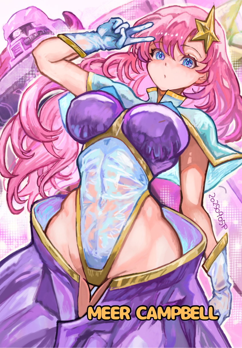 1girl blue_eyes blush breasts character_name commentary dated english_commentary gloves gluteal_fold gundam gundam_seed gundam_seed_destiny hair_ornament highleg highleg_leotard highres large_breasts leotard long_hair looking_at_viewer mecha meer_campbell mobile_suit okrdisk2000 pink_hair robot skirt solo star_(symbol) star_hair_ornament v white_gloves white_leotard zaku_warrior zaku_warrior_concert_custom