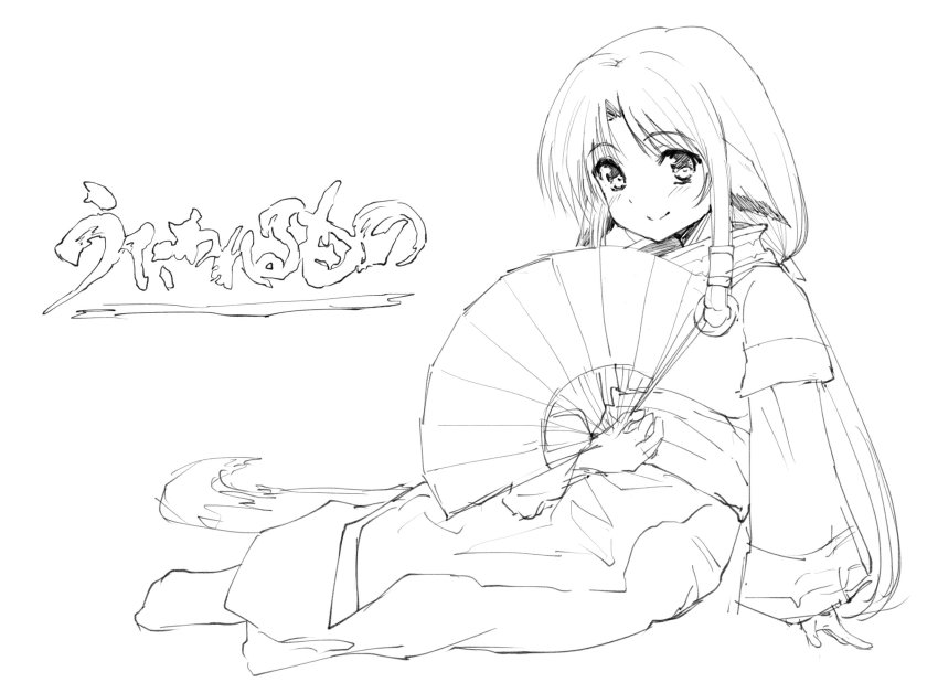 1girl ainu_clothes animal_ears aquaplus blush breasts closed_mouth eruruu full_body greyscale hand_fan highres holding holding_fan long_hair monochrome nike_abc parted_bangs raised_eyebrows sash seductive_smile sidelocks sitting sketch small_breasts smile solo tail translation_request utawarerumono very_long_hair