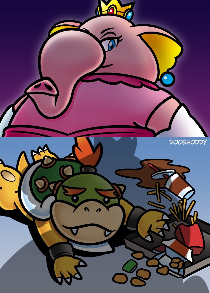 1boy 1girl animal_ears animal_nose apu_spills_his_tendies_(meme) artist_name blue_eyes bowser_jr. bracelet chicken_nuggets cola crown doc_shoddy drink drinking_straw earrings elbow_gloves elephant_ears elephant_peach food french_fries gloves highres jewelry mario_(series) meme nakaue_shigehisa_(style) nintendo pink_shirt ponytail princess_peach red_hair shadow shirt sphere_earrings spiked_shell super_mario_bros._wonder tray white_gloves