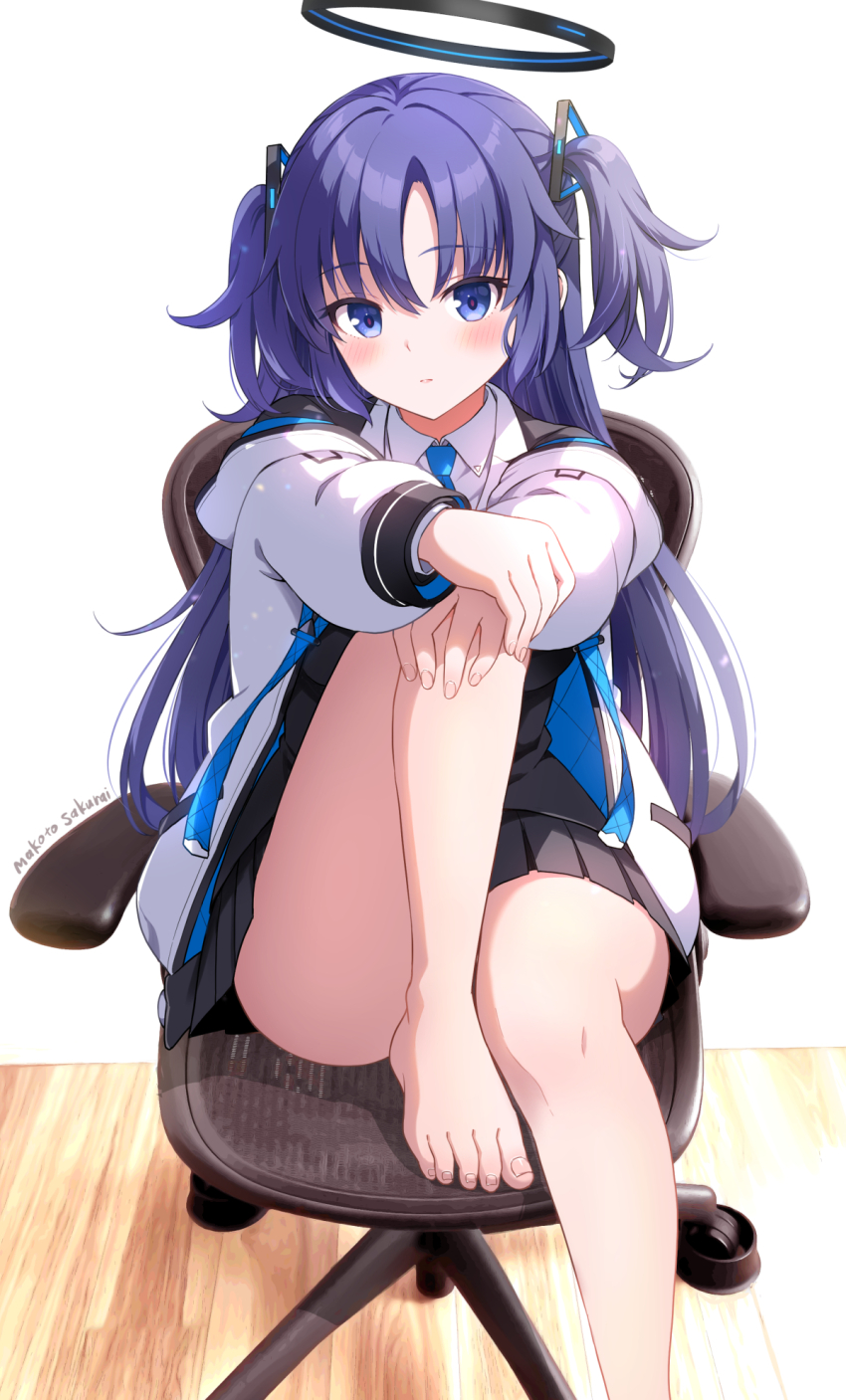 1girl bare_legs barefoot black_halo black_skirt blue_archive blue_necktie blush chair closed_mouth collared_shirt feet feet_on_chair foot_out_of_frame halo hand_on_own_knee hands_on_own_knee highres hood hooded_jacket jacket knee_up leg_up legs long_hair looking_at_viewer necktie office_chair pleated_skirt purple_eyes purple_hair sakurai_makoto_(custom_size) shirt sitting skirt solo swivel_chair toenails toes two_side_up white_jacket white_shirt yuuka_(blue_archive)