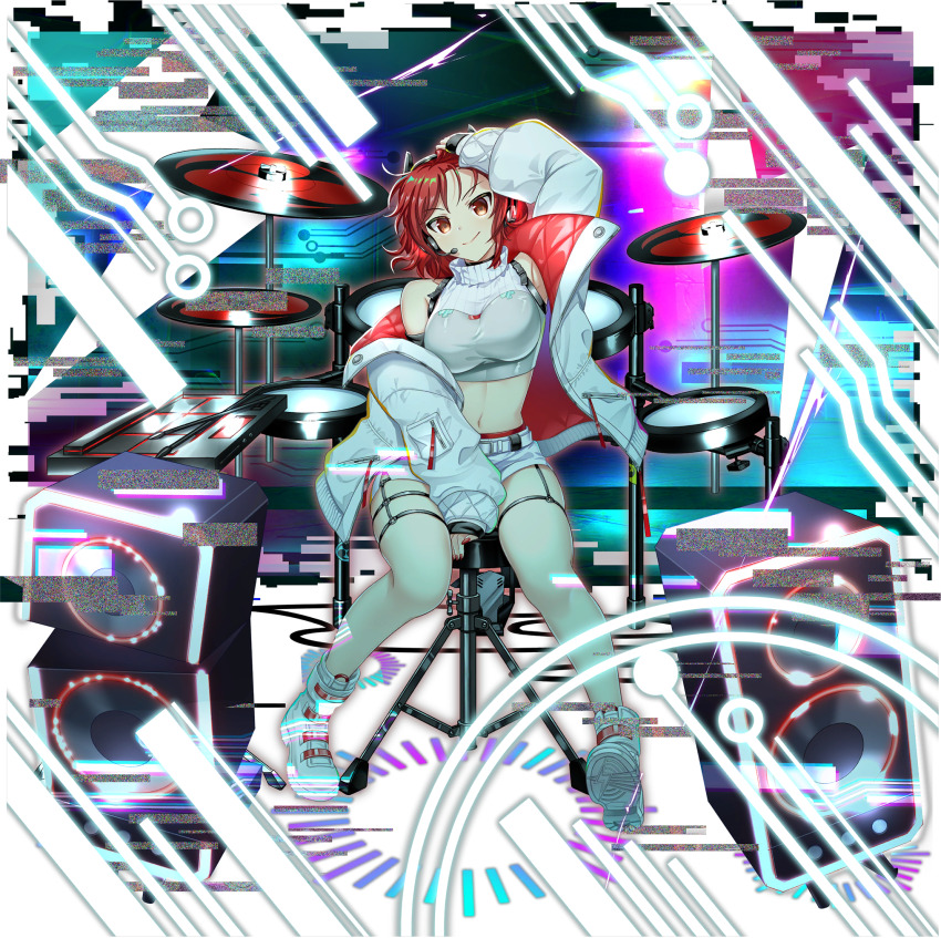 1girl alternate_costume belt boots breasts closed_mouth drum game_cg hand_on_own_head headset highres horikawa_raiko instrument jacket large_breasts long_sleeves looking_at_viewer midriff navel official_art open_clothes open_jacket red_eyes red_hair red_nails rotte_(1109) shorts sitting smile solo thigh_strap third-party_source touhou touhou_lostword transparent_background white_boots white_jacket white_shorts