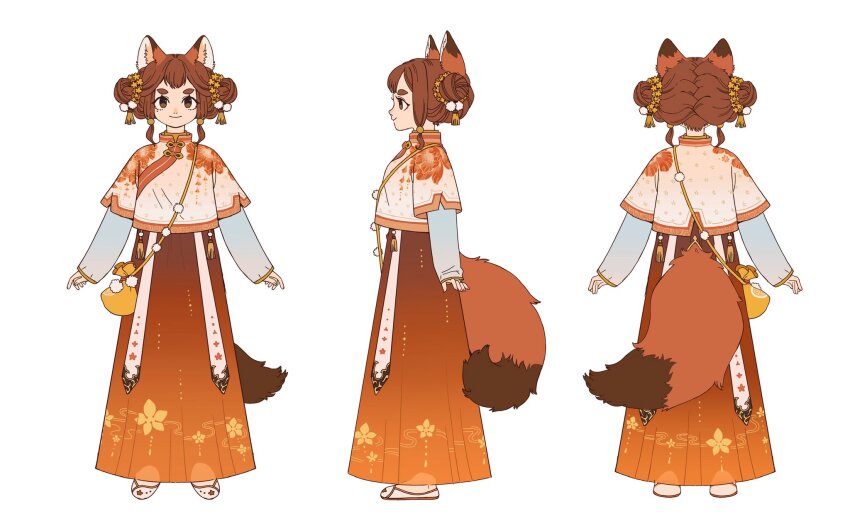 1girl animal_ears aoqun bag brown_hair reference_sheet chinese_clothes double_bun flats fox_ears fox_girl fox_tail full_body hair_bun hair_ornament hanfu highres juanmao layered_sleeves long_sleeves mandarin_collar multiple_views orange_hanfu original pom_pom_(clothes) pom_pom_bag pom_pom_hair_ornament shanghai_neckline shoulder_bag tail