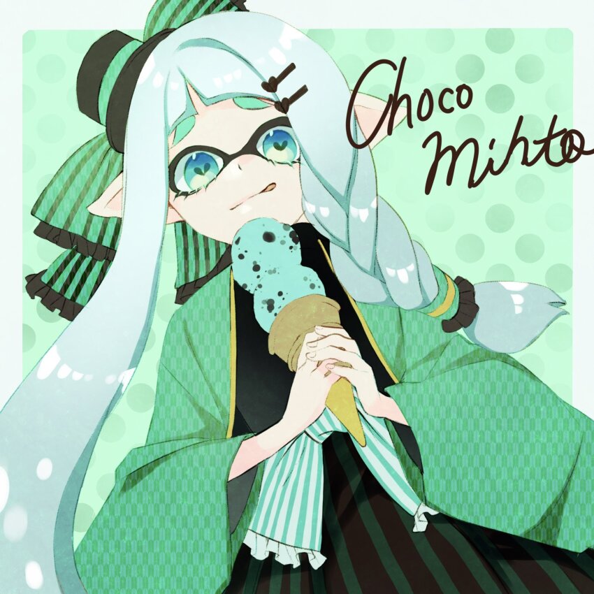 1girl :p black_hat blue_eyes blue_hair border bow food green_background green_bow hair_ornament hairclip hakama haori hat heart heart-shaped_pupils highres holding holding_food holding_ice_cream ice_cream inkling inkling_girl inkling_player_character japanese_clothes kainesato long_hair mint_chocolate nintendo outside_border pointy_ears solo splatoon_(series) splatoon_3 symbol-shaped_pupils tentacle_hair tongue tongue_out white_border