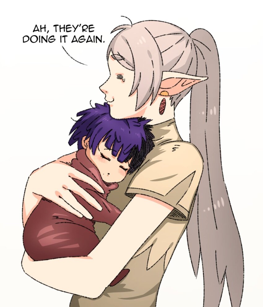 1girl 1other =_= alternate_hairstyle baby basedlida carrying commentary earrings english_text flat_chest frieren greyscale highres if_they_mated jewelry monochrome pointy_ears ponytail purple_hair sleeping sousou_no_frieren tears thick_eyebrows