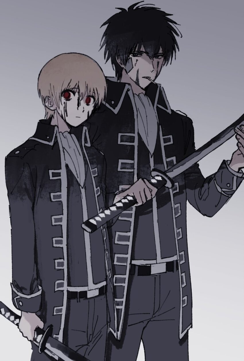 2boys arms_at_sides ascot bandage_on_face bandages belt black_belt black_eyes black_hair black_jacket black_pants black_vest blonde_hair dirty dirty_face empty_eyes facing_to_the_side gintama highres hijikata_toushirou holding holding_sword holding_weapon jacket lollipop_in_mouth looking_to_the_side male_focus military_uniform multiple_boys novale110 okita_sougo open_clothes open_jacket pants popped_collar red_eyes shinsengumi_(gintama) side-by-side sword vest weapon white_ascot white_background