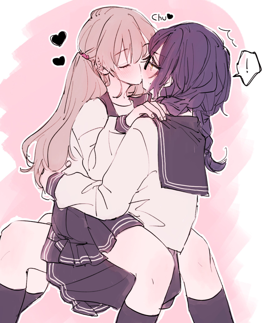 ! 2girls amane_(7783) black_socks blush braid brown_hair closed_eyes commentary_request couple fingernails girl_on_top glasses hair_tie hand_on_another&#039;s_shoulder heart highres kiss kneehighs long_hair long_sleeves multiple_girls original purple_hair sailor_collar school_uniform sitting sitting_on_person skirt socks spoken_exclamation_mark twin_braids yuri