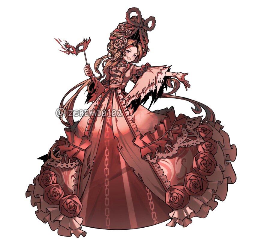 1girl blue_eyes brown_hair choker curtained_hair dress dress_ribbon flower frilled_dress frilled_sleeves frills full_body highres holding holding_mask indicant&#039;s_trial_(e.g.o) limbus_company long_hair long_sleeves looking_at_viewer mask masquerade_mask open_mouth project_moon red_choker red_dress red_flower red_rose rodion_(project_moon) rose simple_background solo standing updo white_background white_dress white_flower white_rose zeremi0102