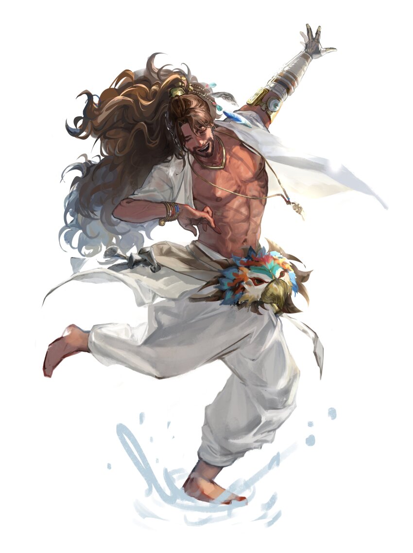 1boy absurdres bangle barefoot beard bracelet closed_eyes commentary dancing dark_skin docabo11 english_commentary facial_hair feathers hair_tie highres indian jewelry long_hair male_focus mechanical_arms muscular muscular_male navel necklace nipples open_mouth pants pectorals ponytail reverse:1999 shamane shirt smile splashing standing standing_on_one_leg white_background white_pants white_shirt