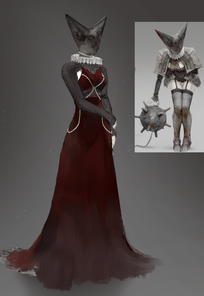 1girl absurdres armor artillery_witch breasts chain dress explosive fogartart garter_straps grey_background helmet highres jewelry leg_armor medium_breasts mine_(weapon) naval_mine necklace panties red_dress standing thighhighs trench_crusade underwear witch