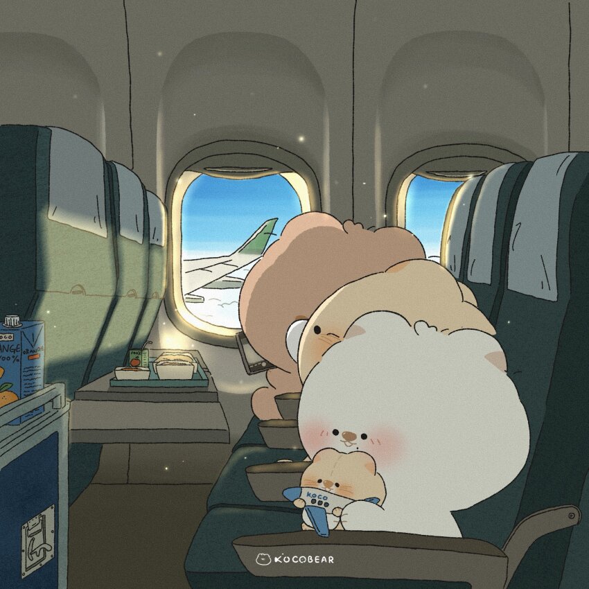 3others aircraft airplane airplane_interior animal artist_name bear chair chibi commentary day food highres indoors interior juice_box kocobear light_particles multiple_others no_humans original sitting solid_circle_eyes symbol-only_commentary toy_airplane tray window