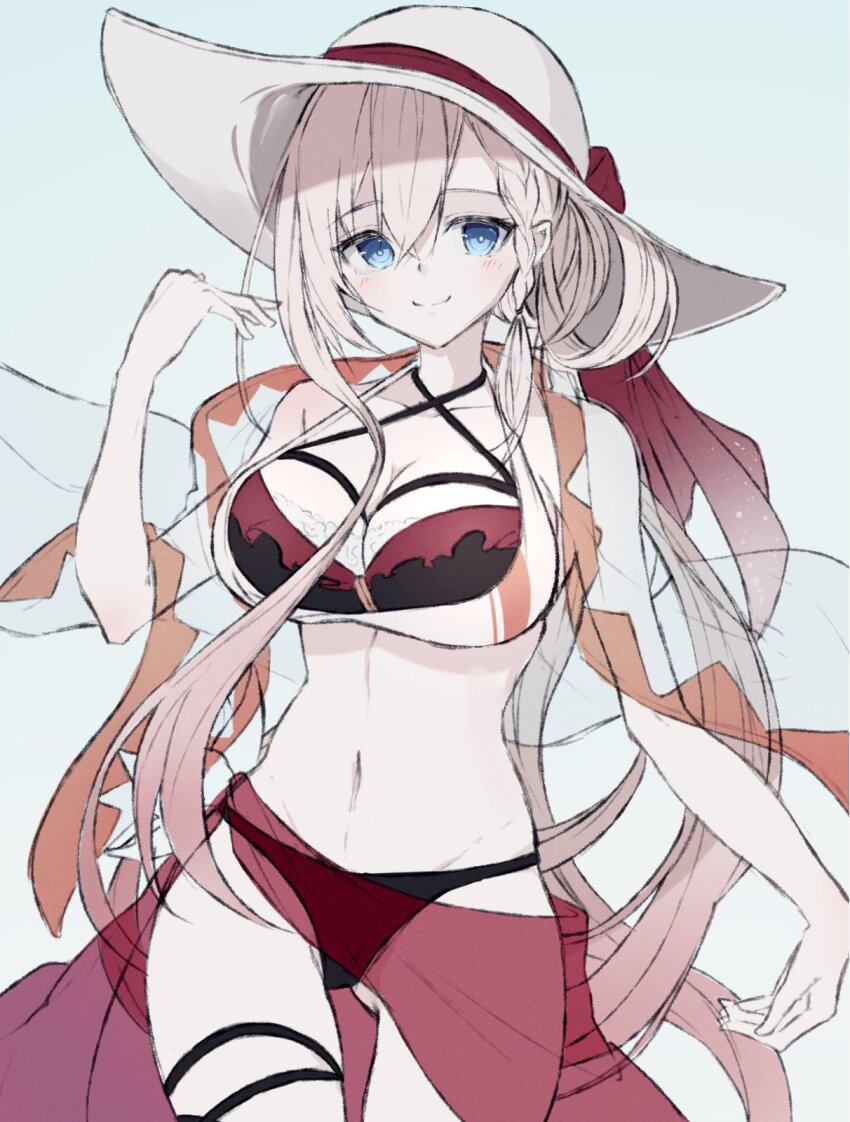 1girl alternate_costume aqua_background bad_id bad_twitter_id black_bra black_panties blonde_hair blue_eyes bra braid breasts bright_pupils cleavage closed_mouth cowboy_shot frilled_bra frills grimms_notes hand_up highres iumi_urura large_breasts large_hat long_hair looking_at_viewer navel panties reina_(grimms_notes) reina_(original)_(grimms_notes) see-through_clothes smile solo swimsuit underwear white_pupils