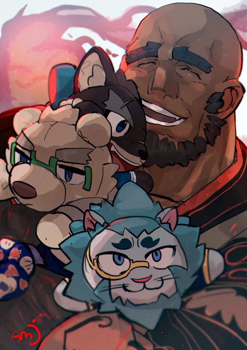1boy ^_^ amu_(omoro3bot) bald bara beard character_doll closed_eyes commentary_request dark-skinned_male dark_skin doll facial_hair happy highres hugging_doll hugging_object laughing leib_(housamo) male_focus mature_male merchandise moritaka_(housamo) muscular muscular_male prometheus_(housamo) short_hair signature smile snow_(housamo) solo thick_eyebrows tokyo_houkago_summoners upper_body