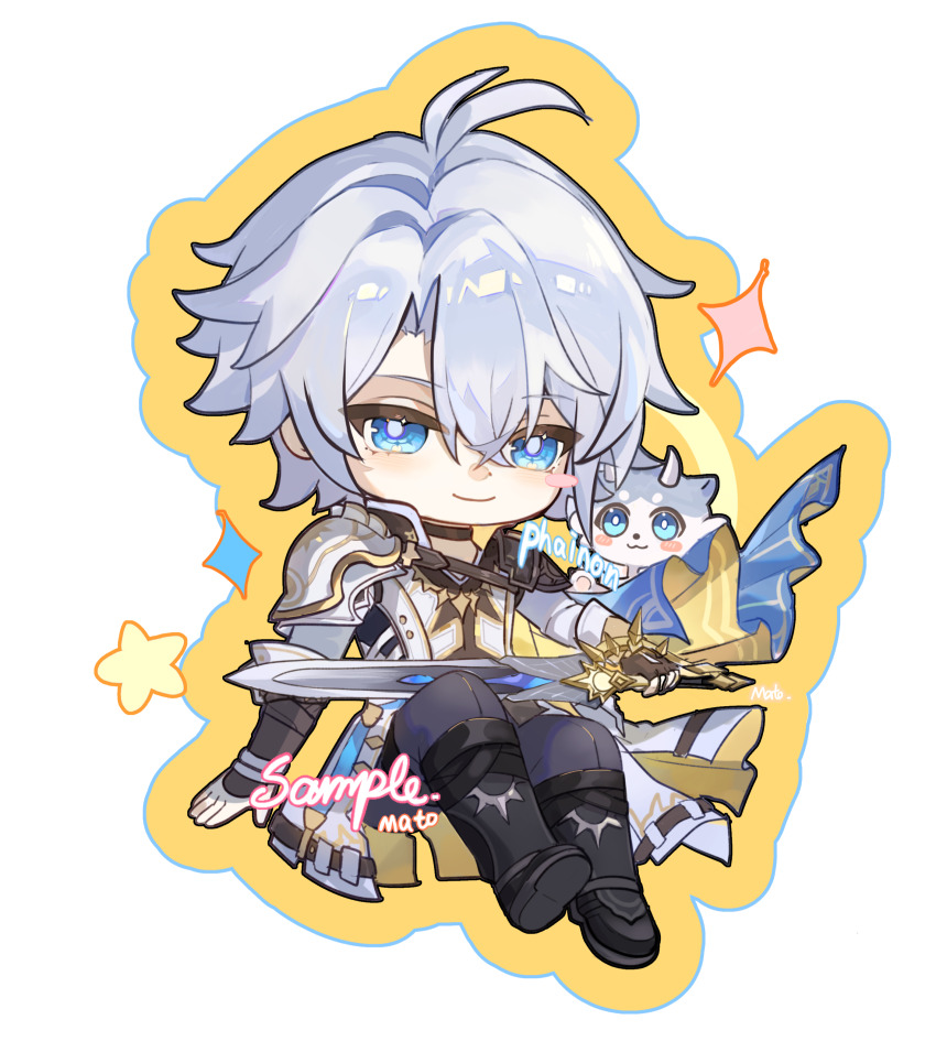 1boy absurdres antenna_hair black_boots black_pants blue_eyes blush_stickers boots bow bowtie brown_gloves character_name chibi chibi_only closed_mouth full_body gloves grey_hair hair_between_eyes heiyi_mataozi highres honkai:_star_rail honkai_(series) jacket knee_boots long_sleeves looking_at_viewer male_focus pants parted_bangs phainon_(honkai:_star_rail) sample_watermark short_hair simple_background smile solo watermark white_background white_jacket yellow_bow yellow_bowtie