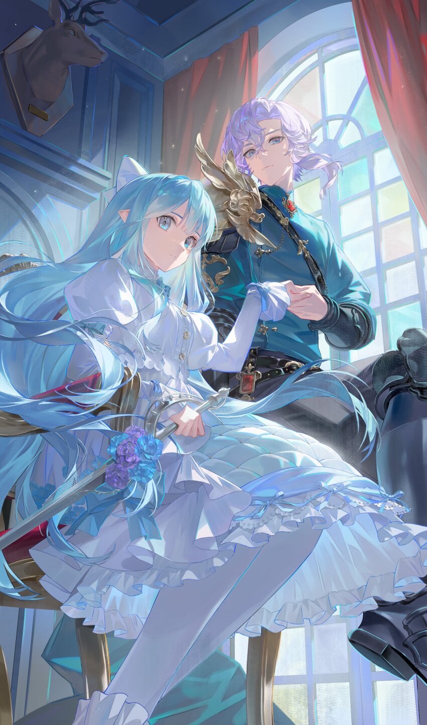1boy 1girl absurdres aheuretokki arched_window armor belt black_belt black_boots black_pants blue_eyes blue_hair blue_shirt boots breasts brooch chair closed_mouth commentary_request commission curtained_hair curtains day double-parted_bangs dress floating_hair gem hair_between_eyes highres holding holding_sword holding_weapon indoors jewelry korean_commentary long_bangs long_hair long_sleeves looking_at_viewer medium_dress on_chair original pants pantyhose pauldrons pointy_ears purple_hair red_gemstone shirt shoulder_armor single_pauldron sitting sword taxidermy very_long_hair weapon white_dress white_pantyhose window