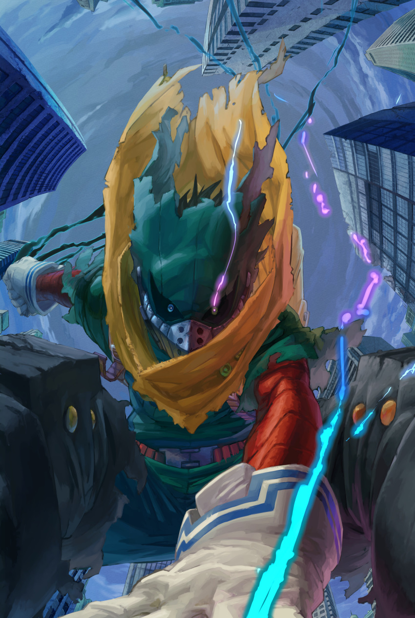 1boy absurdres alternate_eye_color belt black_whip_(boku_no_hero_academia) blue_eyes bodysuit boku_no_hero_academia bright_pupils buckle building cape clenched_hand cloud cloudy_sky covered_face electricity eye_trail eyes_in_shadow feet_out_of_frame fisheye floating_cape floating_clothes foreshortening from_below gloves green_bodysuit green_hair green_mask grey_sky heterochromia highres light_trail looking_at_viewer male_focus mask masked midoriya_izuku mouth_mask official_alternate_costume outdoors outstretched_arms shoulder_strap sky snap-fit_buckle solo spoilers tendril torn_clothes torn_mask torn_sleeves white_gloves white_pupils window yellow_cape yellow_eyes yomoyama_yotabanashi