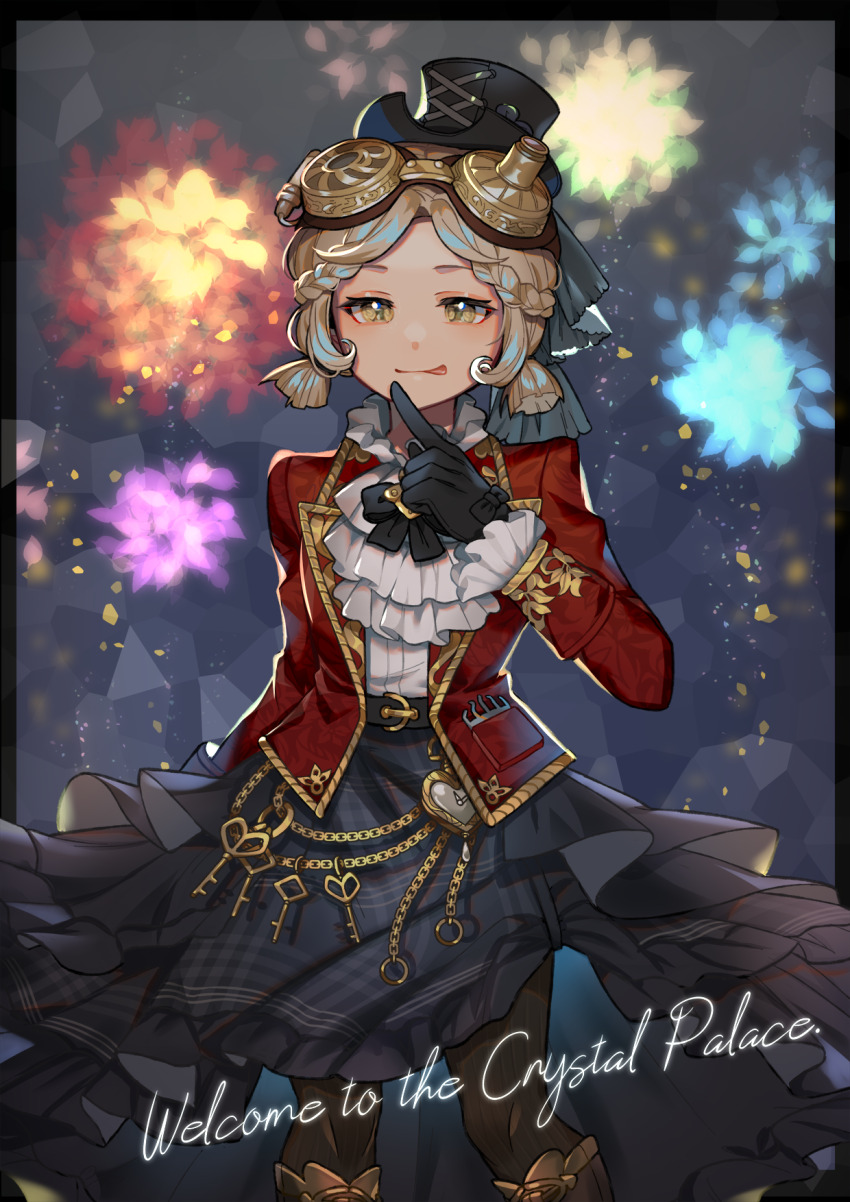 1girl :q aerial_fireworks ascot belt wallet_chain black_belt black_border black_hat black_skirt blonde_hair boots border braid brown_boots brown_pantyhose chain english_text feet_out_of_frame finger_to_mouth fireworks frilled_shirt_collar frills goggles goggles_on_head half_up_braid hat high-low_skirt highres identity_v index_finger_raised jacket key long_sleeves looking_at_viewer low_twintails mini_hat mini_top_hat night official_alternate_costume outside_border pantyhose parted_bangs plaid_clothes plaid_skirt pocket_watch red_jacket sansai_toritori shirt short_twintails skirt sleeve_cuffs solo standing tongue tongue_out top_hat tracy_reznik tracy_reznik_(lockheart) twintails veil watch white_ascot white_shirt yellow_eyes