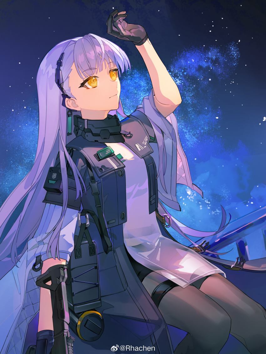 1girl absurdres ak-alfa ak-alfa_(girls&#039;_frontline) black_gloves black_jacket black_pantyhose black_shorts earrings girls&#039;_frontline girls&#039;_frontline_2:_exilium gloves gun highres holding holding_gun holding_weapon jacket jewelry looking_afar neck_armor pantyhose pelvic_curtain rhachen shorts single_earring sitting solo star_(sky) thigh_strap tololo_(girls&#039;_frontline_2) watermark weapon weibo_username weibo_watermark white_hair yellow_eyes