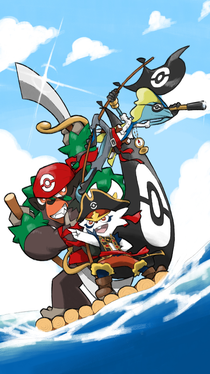 arm_up armband bandana belt black_belt black_hat black_jacket blacknirrow blue_sky boots brown_footwear cinderace cinderace_(captain) closed_mouth clothed_pokemon cloud commentary compass day english_commentary eyepatch flag gen_8_pokemon glint grey_pants hat highres holding holding_sword holding_telescope holding_weapon inteleon jacket nintendo no_humans open_mouth orange_eyes pants pirate pirate_hat pointing poke_ball_print pokemon pokemon_(creature) pokemon_unite raft red_armband red_bandana rillaboom rowing sky smile standing sword teeth telescope upper_teeth_only water weapon white_jacket