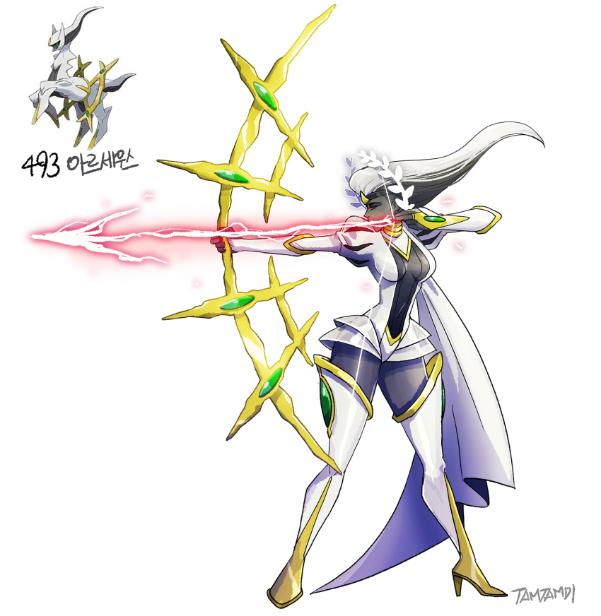 1girl arceus black_sclera black_skin boots bow_(weapon) center_opening colored_sclera colored_skin creatures_(company) drawing_bow energy_arrow full_body game_freak gen_4_pokemon highres holding holding_bow_(weapon) holding_weapon legendary_pokemon long_hair mythical_pokemon nintendo personification pokemon pokemon_(creature) puff_and_slash_sleeves puffy_sleeves red_eyes reference_inset simple_background tamtamdi thigh_boots translated weapon white_background white_footwear white_hair