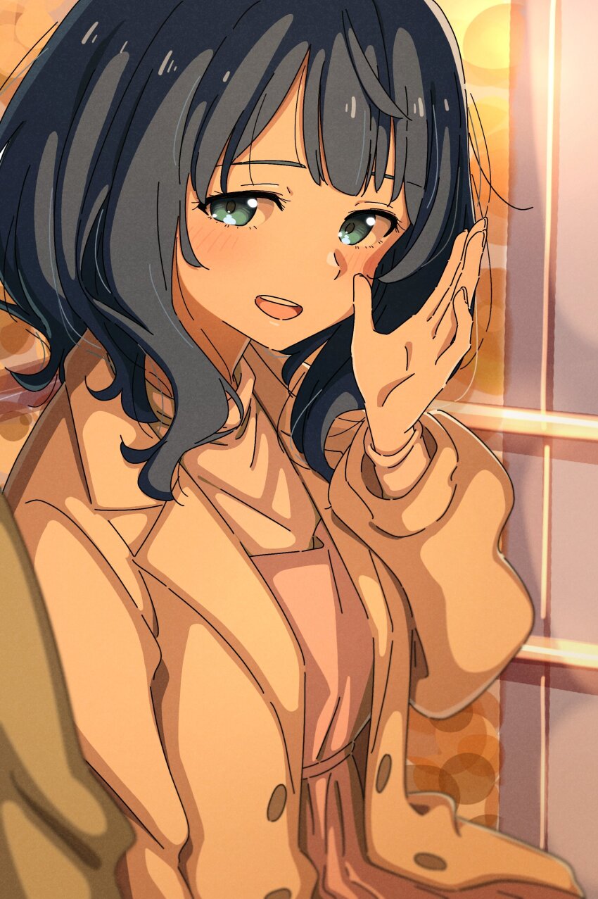 1girl absurdres blue_hair blunt_bangs brown_coat coat commentary_request dress duffel_coat hand_up highres long_sleeves looking_at_viewer make_heroine_ga_oo_sugiru! mayo_(oekaki_bibbi) open_clothes open_coat open_mouth pink_dress puffy_long_sleeves puffy_sleeves shirt short_hair smile solo teeth upper_body upper_teeth_only white_shirt yanami_anna