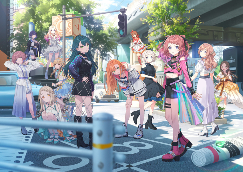 6+girls ahoge arimura_mao bare_shoulders black_dress black_footwear blonde_hair blue_footwear boots braid car commentary_request detached_collar dress everyone fujita_kotone gakuen_idolmaster gradient_hair green_eyes green_hair hair_bun hanami_saki hanami_ume hechima_(issindotai) high_heel_boots high_heels himesaki_rinami idolmaster juo_sena katsuragi_lilja key_visual kuramoto_china long_hair looking_at_viewer midriff mini_cooper motor_vehicle multicolored_hair multiple_girls official_art orange_eyes orange_hair pink_boots pink_hair promotional_art puffy_short_sleeves puffy_sleeves purple_eyes purple_footwear purple_hair shinosawa_hiro shiun_sumika short_sleeves smile squatting standing subaru_360 traffic_light tsukimura_temari twin_braids wavy_hair white_dress white_footwear