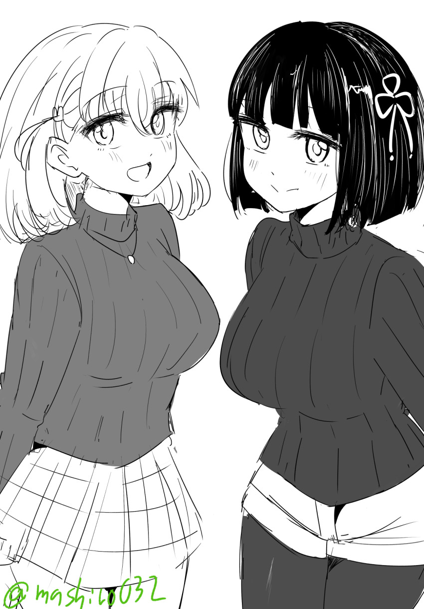 2girls :d blunt_bangs blunt_ends blush bob_cut breasts closed_mouth commentary_request cowboy_shot crossed_bangs ereka flower_knot greyscale hair_ornament highres hinoshita_kaho hinoshita_kaho_(winter_casual) jewelry large_breasts leaning_forward link!_like!_love_live! looking_at_viewer love_live! matching_outfits medium_hair miniskirt momose_ginko momose_ginko_(winter_loungewear) monochrome multiple_girls necklace nervous_smile open_mouth pantyhose plaid_clothes plaid_skirt rabbit_hair_ornament ribbed_sweater rolling_suitcase short_hair short_shorts shorts simple_background skirt smile spot_color suitcase sweater turtleneck turtleneck_sweater twitter_username two_side_up virtual_youtuber white_background