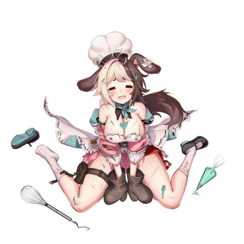 1girl animal_ear_fluff animal_ears ankle_socks apron back_bow bandaid_on_ear bare_shoulders belt black_belt black_shoes blush bow breasts brown_hair chef_hat chocolate chocolate_on_body chocolate_on_breasts chocolate_on_head chocolate_on_legs closed_eyes crossed_bandaids cuts dispenser dog_ears dog_girl dog_tail dress fang food_on_body full_body green_neckerchief grey_hair hachiko_of_castling hat heart highres huge_bow injury large_breasts last_origin low_twintails mary_janes mel_(dodosae) mint mint_chocolate_(razschi) multicolored_hair neckerchief off-shoulder_dress off_shoulder official_alternate_costume official_art open_mouth oven_mitts pastry_bag pink_dress pouch puffy_sleeves shoes short_twintails sidelocks simple_background single_shoe sitting socks solo spice split-color_hair tachi-e tail tearing_up thick_thighs thigh_belt thigh_pouch thigh_strap thighs third-party_source tongue torn_apron torn_bow torn_clothes torn_dress torn_neckerchief torn_sleeves torn_socks transparent_background twintails two-tone_hair unworn_shoes valentine wariza whisk white_apron white_bow white_hat white_socks