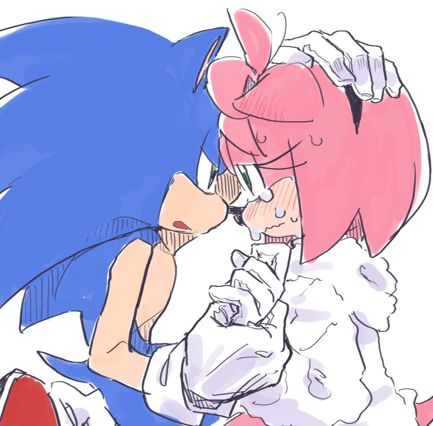 1boy 1girl amy_rose blue_fur blue_hair blush comforting crying crying_with_eyes_open eyelashes forehead-to-forehead furry gloves green_eyes hairband headpat heads_together hedgehog hetero highres holding_hands medium_hair pink_fur pink_hair sa_ssssa sad_face sega ship shoes socks sonic_(series) sonic_the_hedgehog sweater tail tears watercraft wavy_mouth