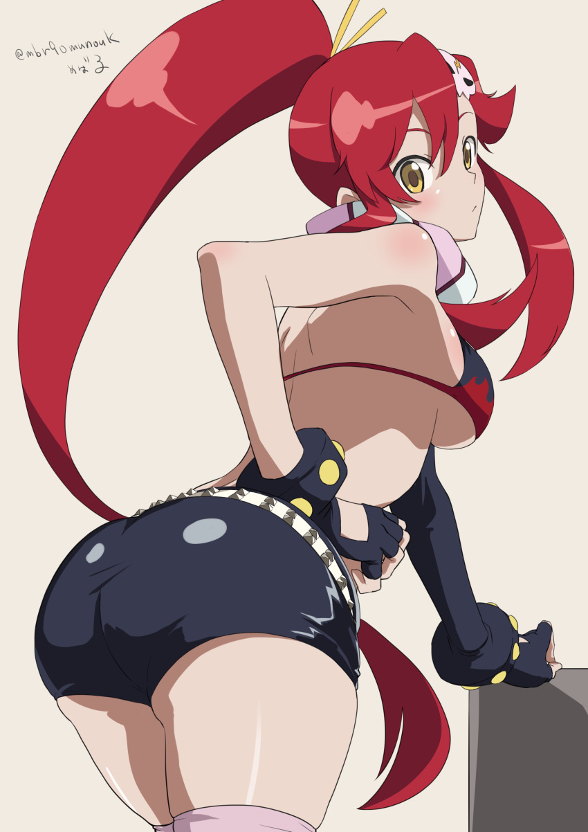 1girl absurdres arched_back arm_support ass back belt bikini black_gloves blue_bikini blue_shorts breasts commentary elbow_gloves eyelashes feet_out_of_frame fingerless_gloves from_behind gloves hair_between_eyes hair_ornament hair_stick highres large_breasts leaning_forward long_hair looking_back maburoku micro_bikini multicolored_bikini parted_bangs pink_thighhighs ponytail red_bikini red_hair scarf shadow short_shorts shorts sidelocks signature skull_hair_ornament solo spiked_belt swimsuit tan_background tengen_toppa_gurren_lagann thighhighs thighs twitter_username underboob white_belt wrist_cuffs yellow_eyes yoko_littner