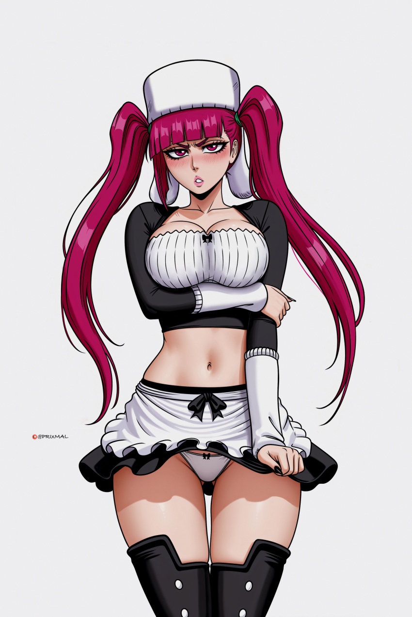 1girl absurdres ai-assisted artist_name bleach blush boots breasts collarbone crop_top dokugamine_riruka female_focus hat highres panties parted_lips patreon_username prixmal purple_eyes purple_hair simple_background skirt small_breasts teeth thigh_boots tsundere twintails underwear white_panties