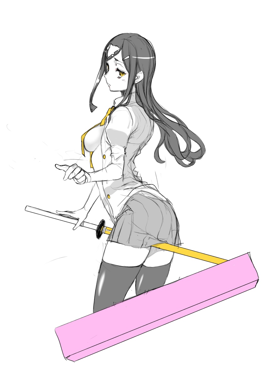 1girl absurdres between_thighs black_thighhighs breasts closed_mouth cosplay_request greyscale hair_ornament hairclip highres kujouin_iruka long_hair looking_at_viewer monochrome school_uniform short_sleeves sideboob sidelocks skirt solo spot_color sword thighhighs weapon white_background yasuda_suzuhito yellow_eyes yozakura_quartet
