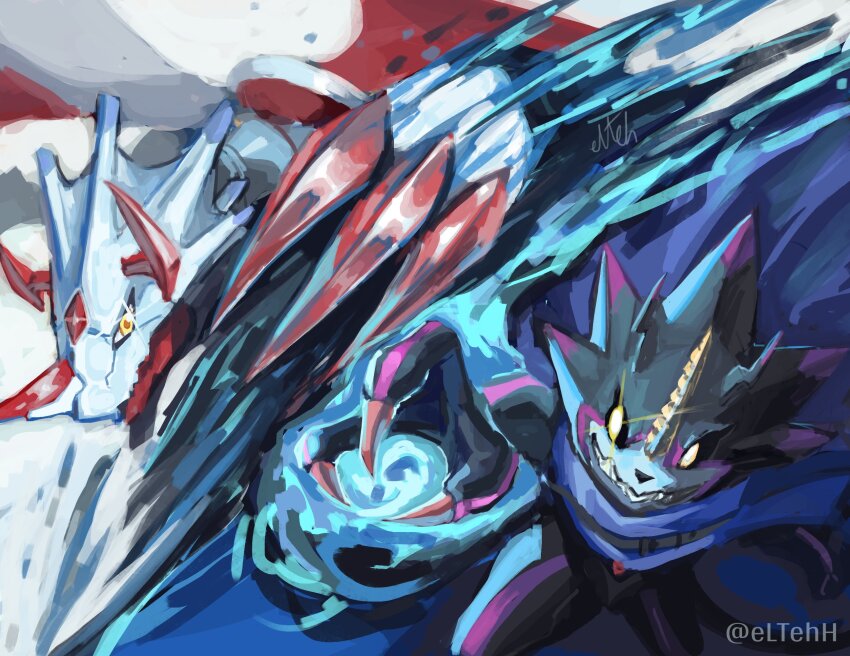 canoweissmon cape claws digimon digimon_ghost_game dinosaur_boy dragon energy gulusgammamon highres horns looking_at_another yellow_eyes