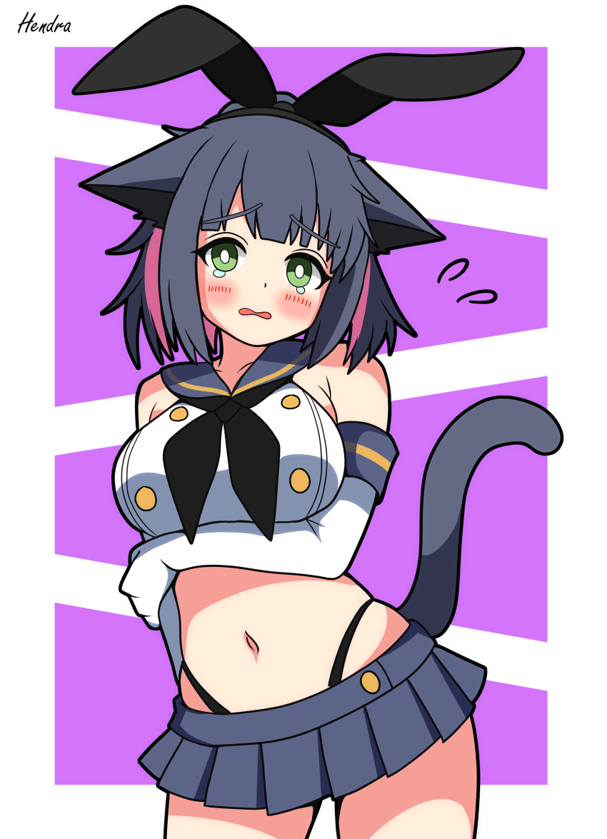 1girl absurdres animal_ears arknights artist_name black_hair black_hairband black_neckerchief black_panties blue_sailor_collar blue_skirt blush breasts bright_pupils cat_ears cat_girl cat_tail cosplay cowboy_shot crop_top elbow_gloves gloves green_eyes hairband hendra highleg highleg_panties highres jessica_(arknights) kantai_collection large_breasts looking_at_viewer microskirt midriff navel neckerchief open_mouth panties sailor_collar shimakaze_(kancolle) shimakaze_(kancolle)_(cosplay) short_hair signature skirt solo tail underwear white_gloves white_pupils