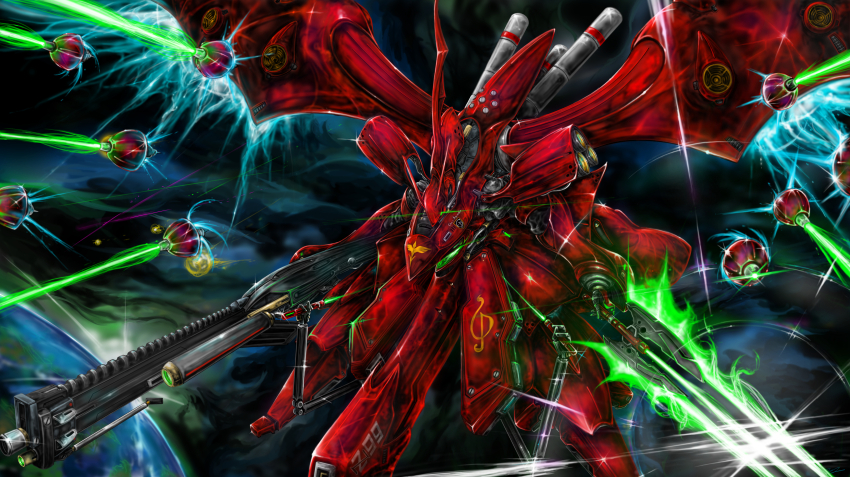 absurdres battle beam_cannon char&#039;s_counterattack char&#039;s_counterattack_-_beltorchika&#039;s_children commentary_request denjyou23 derivative_work earth_(planet) energy energy_beam energy_field energy_gun energy_sword firing funnels_(gundam) glint gundam highres in_orbit long_beam_rifle machinery mecha mecha_focus mobile_suit nebula neo_zeon nightingale_(gundam) no_humans planet robot roundel science_fiction space sword weapon zero_gravity