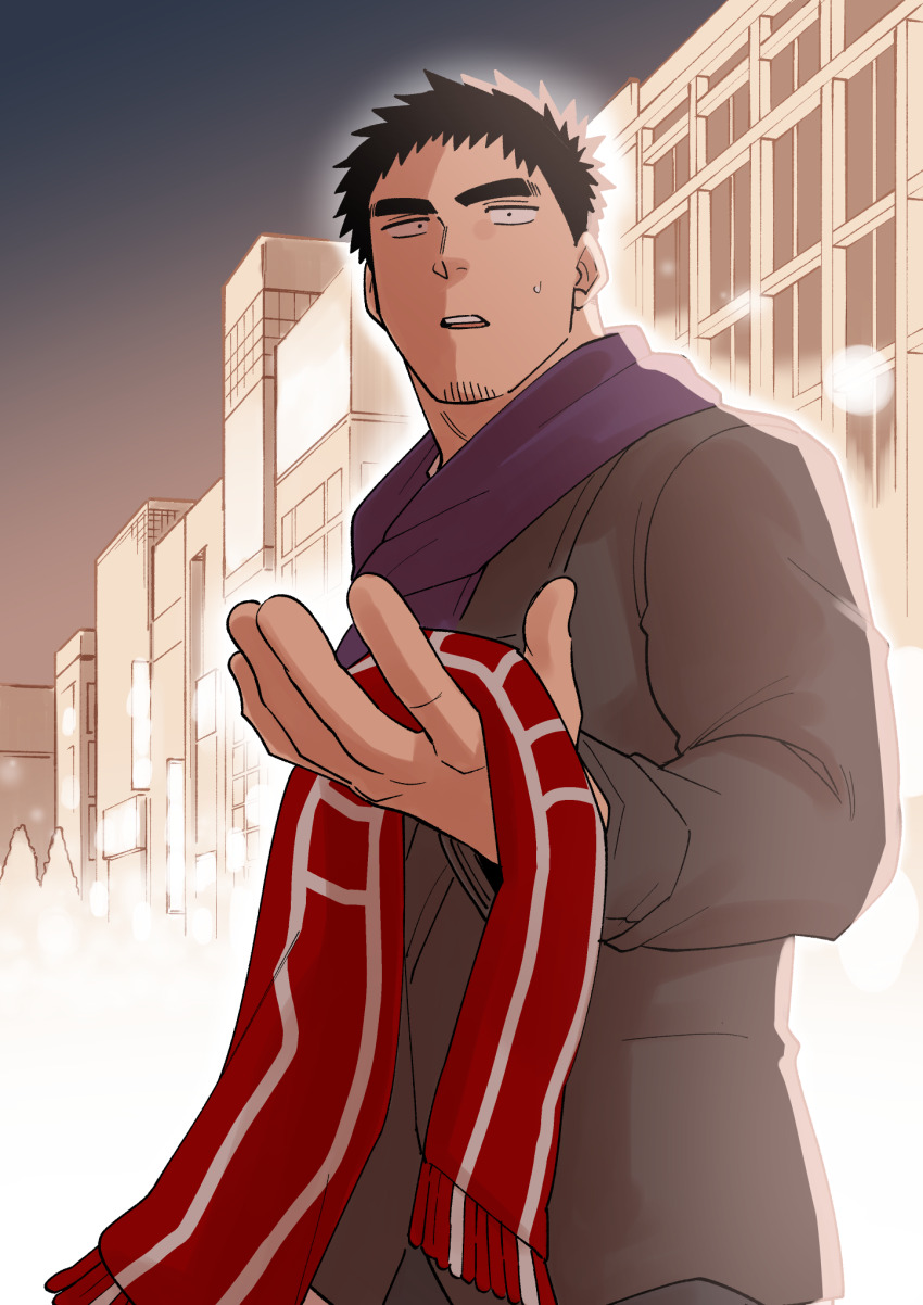 1boy black_hair cityscape facial_hair goatee highres male_focus salaryman scarf senpai_ga_uzai_kouhai_no_hanashi shiromanta short_hair stubble sweatdrop takeda_harumi thick_eyebrows
