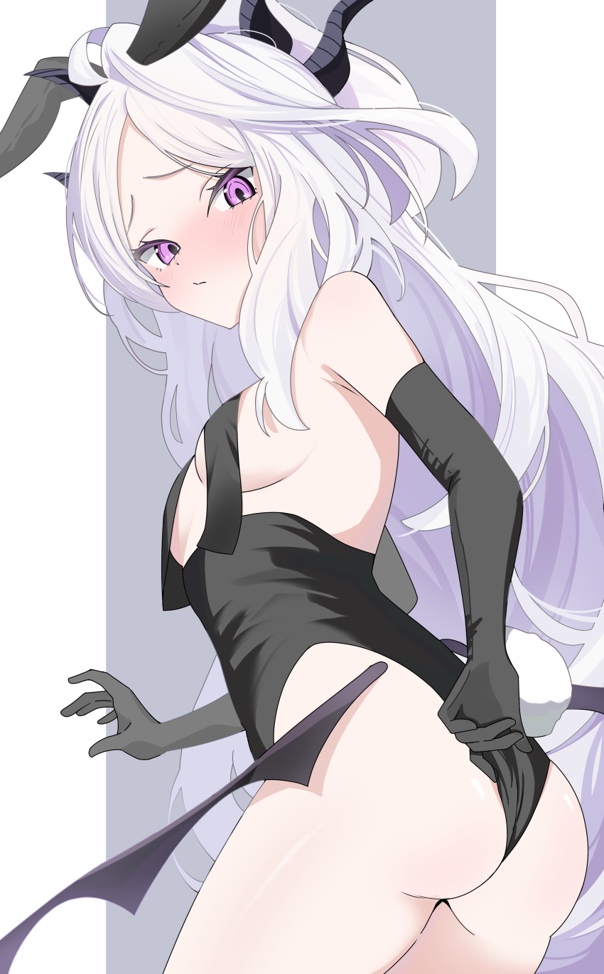 1girl absurdres adjusting_clothes ahoge alternate_costume animal_ear_hairband animal_ears ass bare_shoulders black_gloves black_horns black_wings blue_archive blush breasts closed_mouth demon_girl demon_horns demon_wings dot_nose elbow_gloves fake_animal_ears fake_tail from_behind furrowed_brow gloves hair_over_shoulder hairband hand_up highres hina_(blue_archive) horns kanimiso30601 loli long_hair looking_at_viewer low_wings parted_bangs purple_eyes rabbit_ears rabbit_tail small_breasts solo standing tail thighs very_long_hair white_hair wings