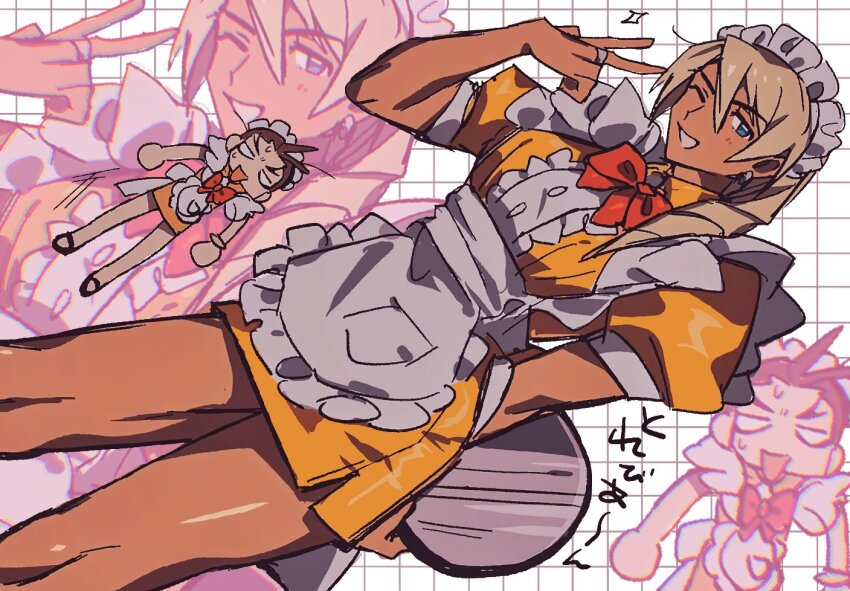 2boys ace_attorney alternate_costume apollo_justice apollo_justice:_ace_attorney apron blonde_hair blue_eyes bow chibi chibi_inset crossdressing dress drill_hair grgrton grid_background hair_between_eyes klavier_gavin long_hair maid maid_apron maid_headdress male_focus motion_lines multiple_boys no_pupils one_eye_closed puffy_dress red_bow short_dress side_drill sketch surprised trap yellow_dress